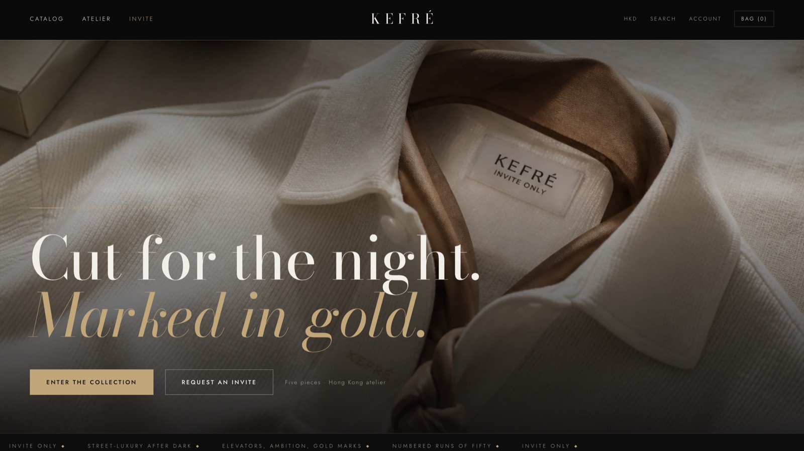 KEFRÉ homepage: dark editorial hero reading Cut for the night. Marked in gold.